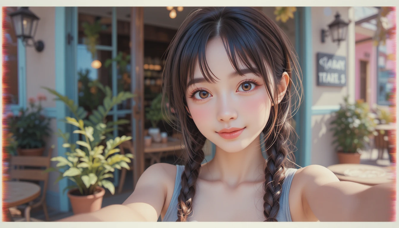 Anime girl taking a selfie outside a cozy street cafe