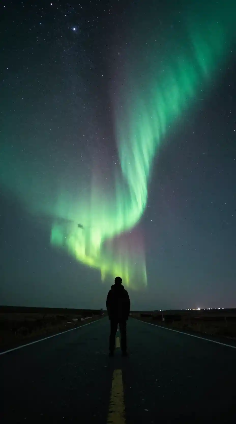 Viaggiatore solitario su un’autostrada al chiaro di luna sotto un cielo d’aurora