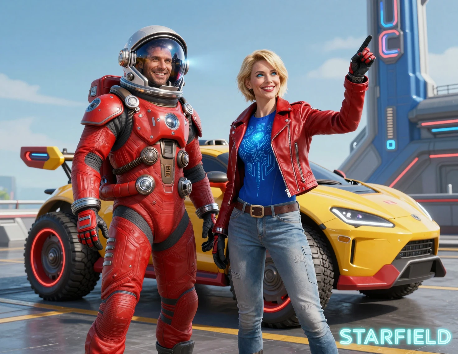 Astronauta y mujer posando en plataforma futurista en la azotea
