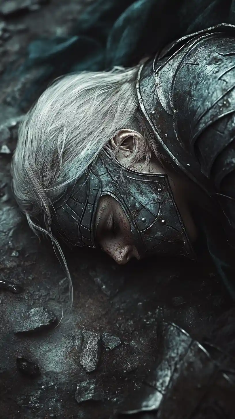 Wounded warrior queen lying on a dark stone floor