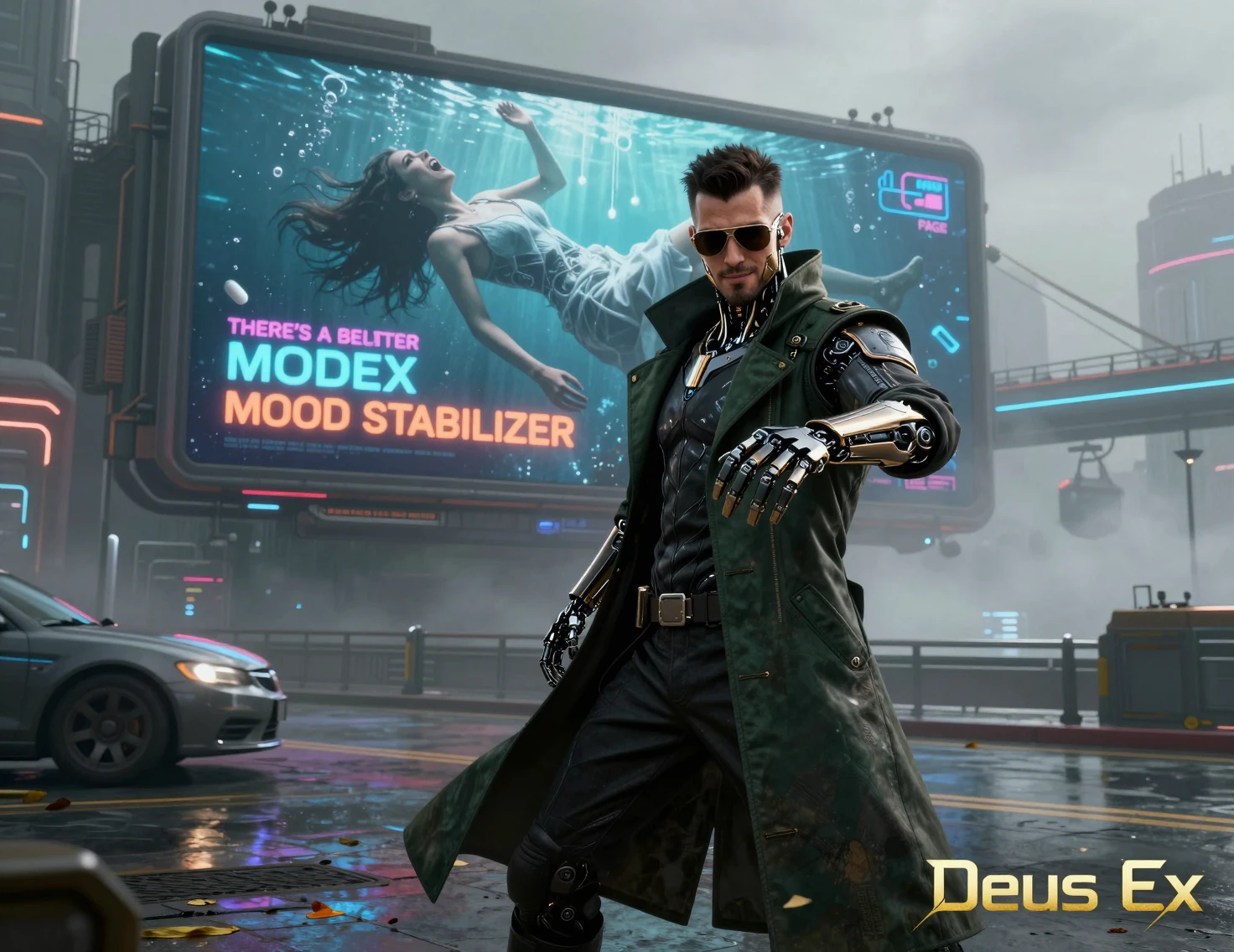 Cyberpunk detective in long coat reaching forward on street
