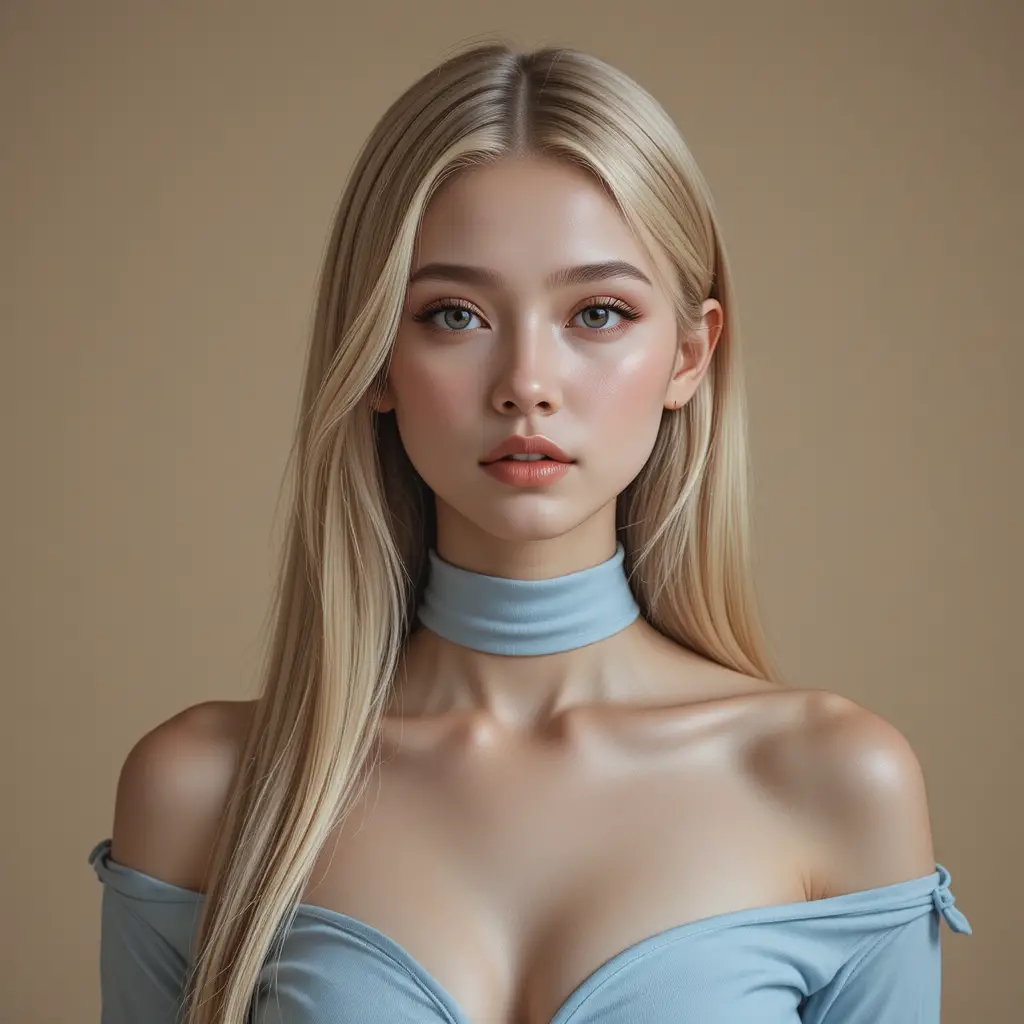 Retrato de mujer rubia con gargantilla azul y hombros descubiertos