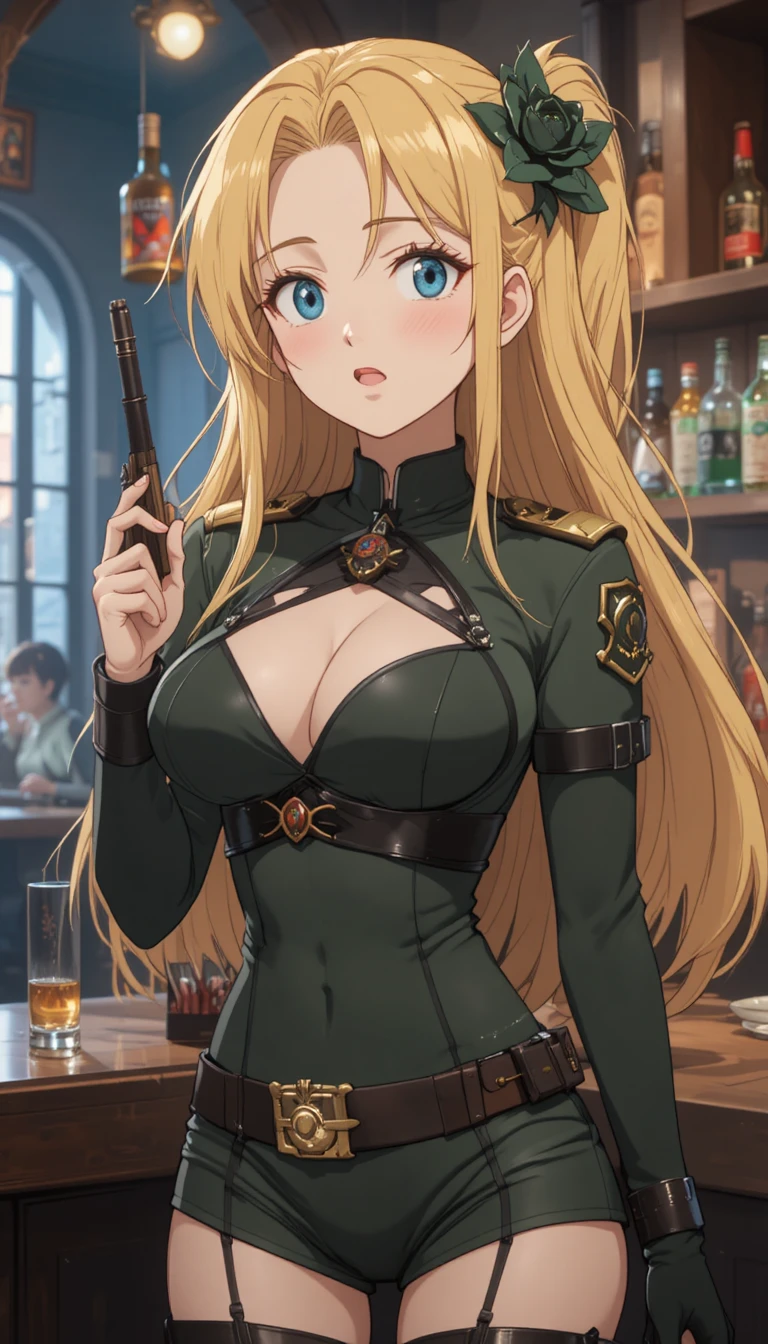 Anime bounty huntress meeting a stranger in a bar