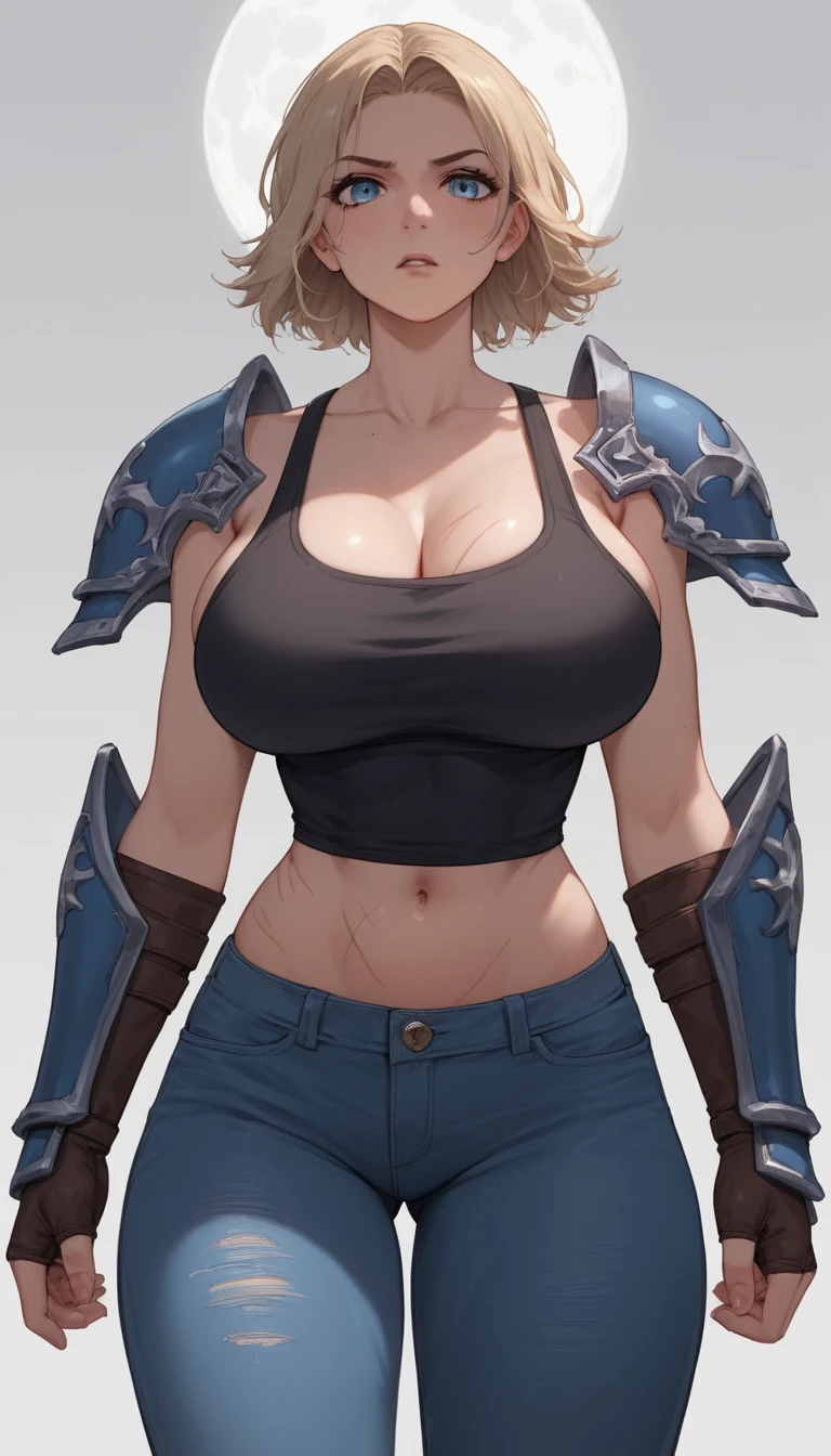 Confident anime heroine in tight outfit under the moon