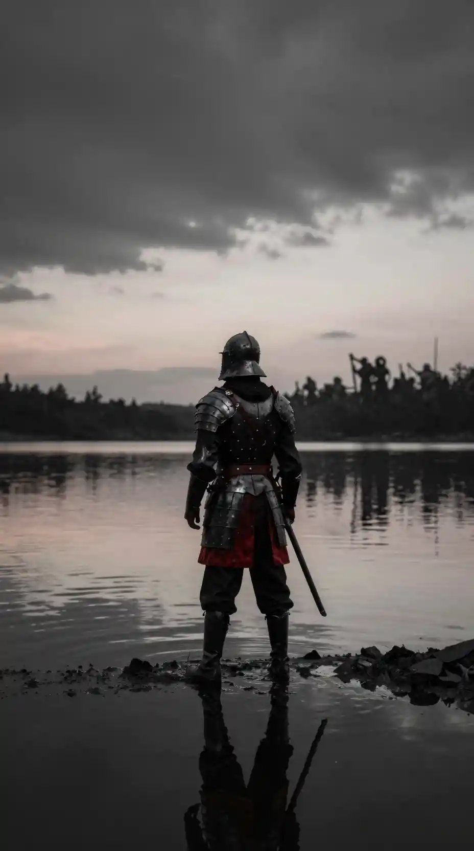 Guerrier solitaire en armure noire et rouge debout sur un lac