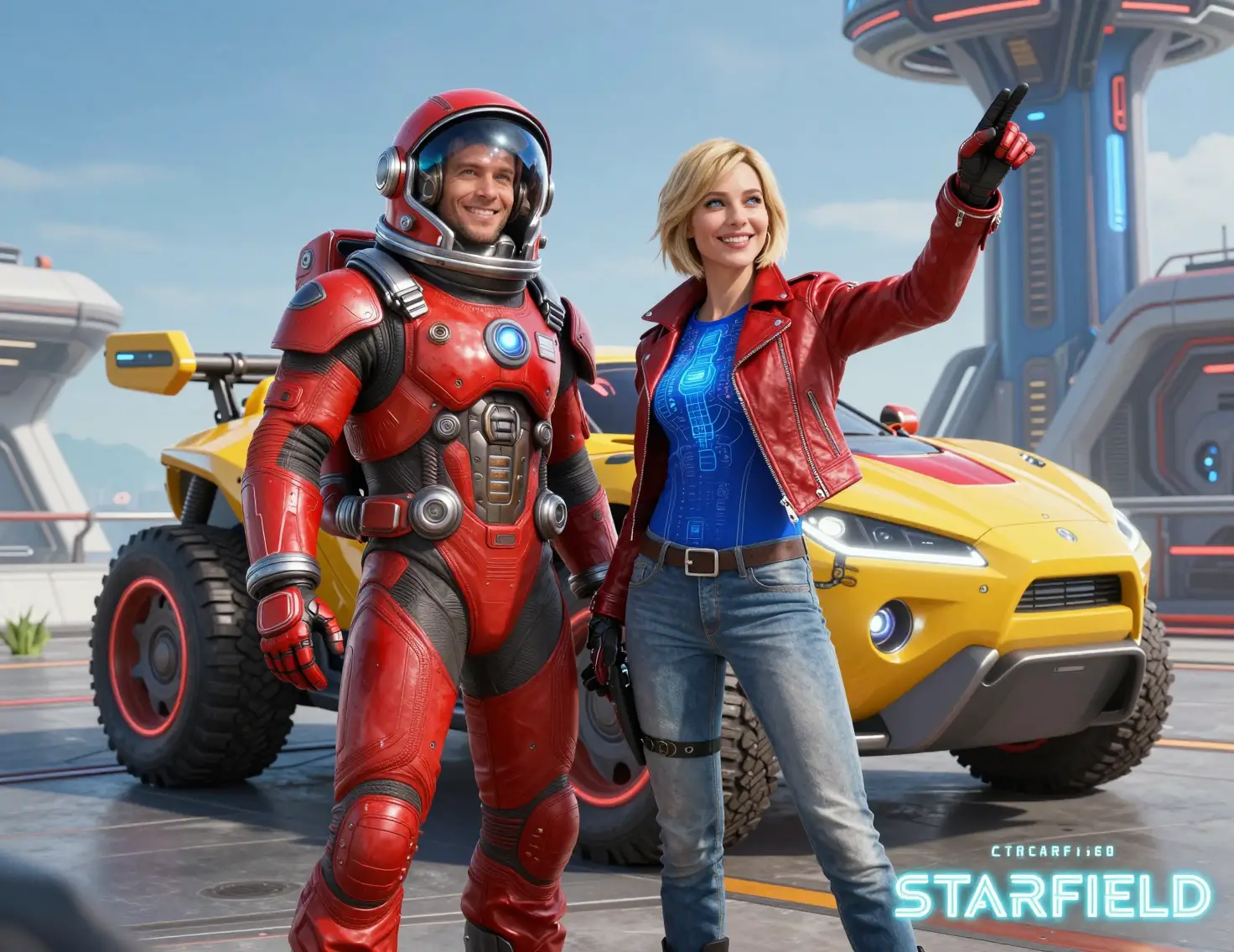 Astronaut and woman posing on futuristic rooftop platform
