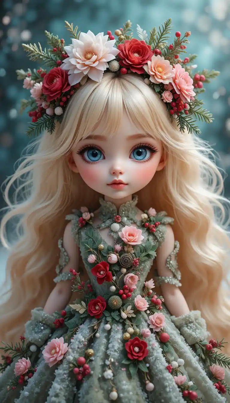 Christmas doll in frosted green floral holiday dress