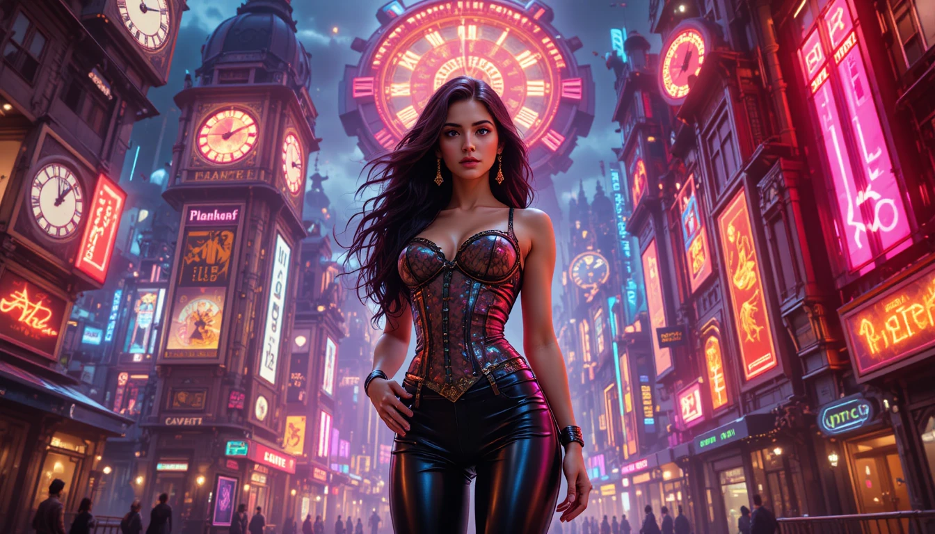 Glamorous woman in a neon steampunk cityscape