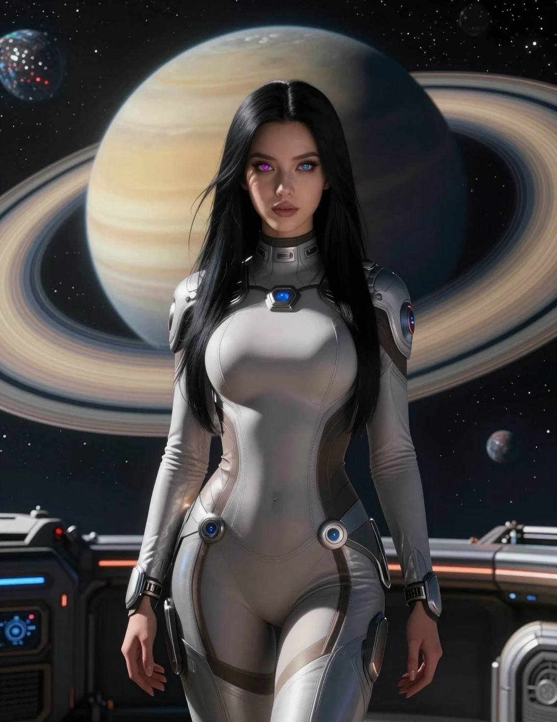 Sci‑Fi‑Frau im enganliegenden Outfit an Bord eines futuristischen Raumschiffs