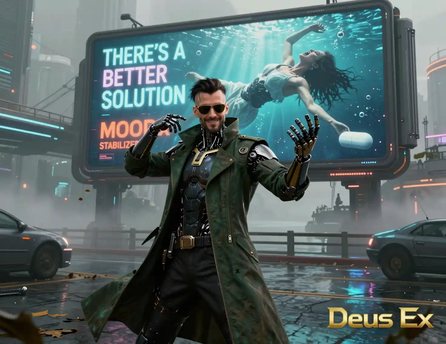 Erweiterter Cyberpunk-Detektiv posiert auf nebliger Stadtstraße