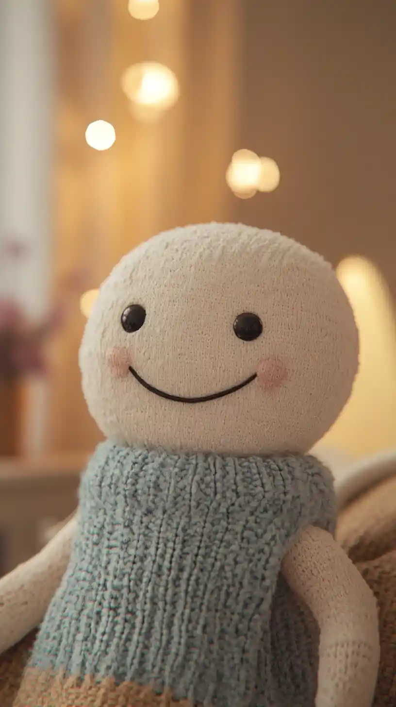 Cute fabric sock puppet in a cozy room interior