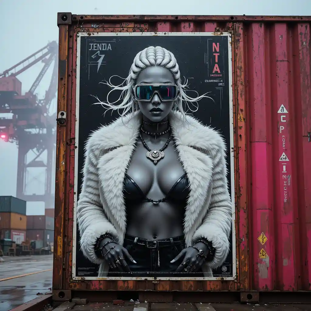 만 근처 녹슨 화물 컨테이너에 붙은 누아르 패션 포스터