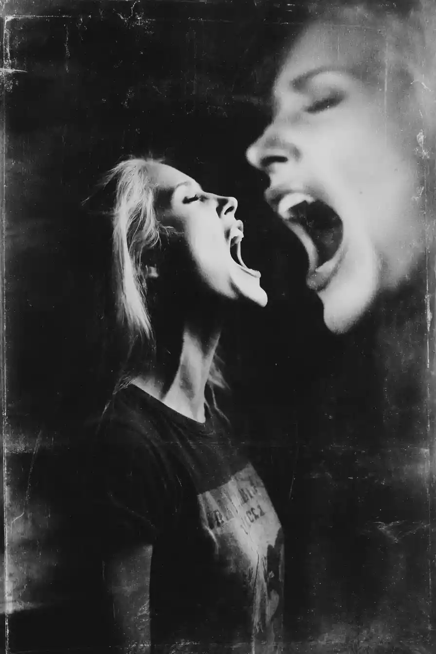 Screaming woman with mirrored upside down head in darkness