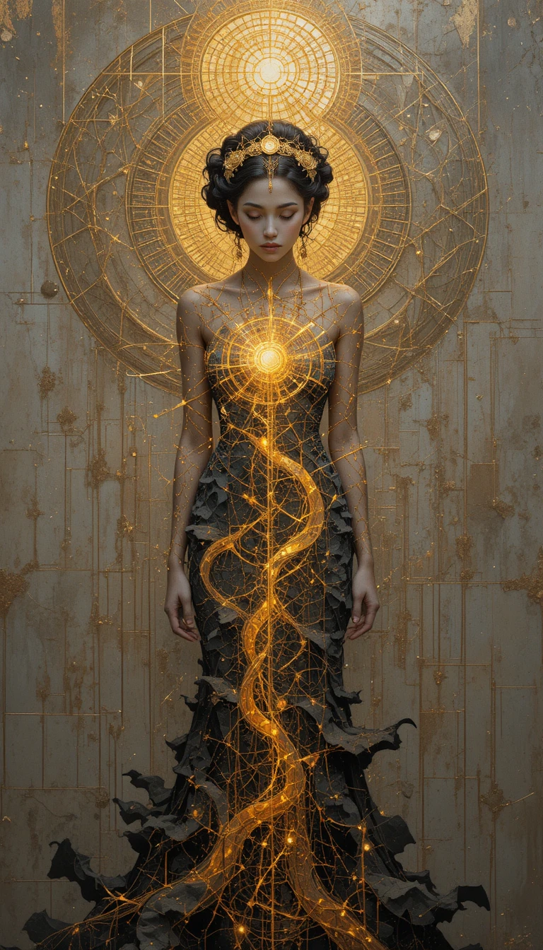 Fractal patterned woman glowing with golden light