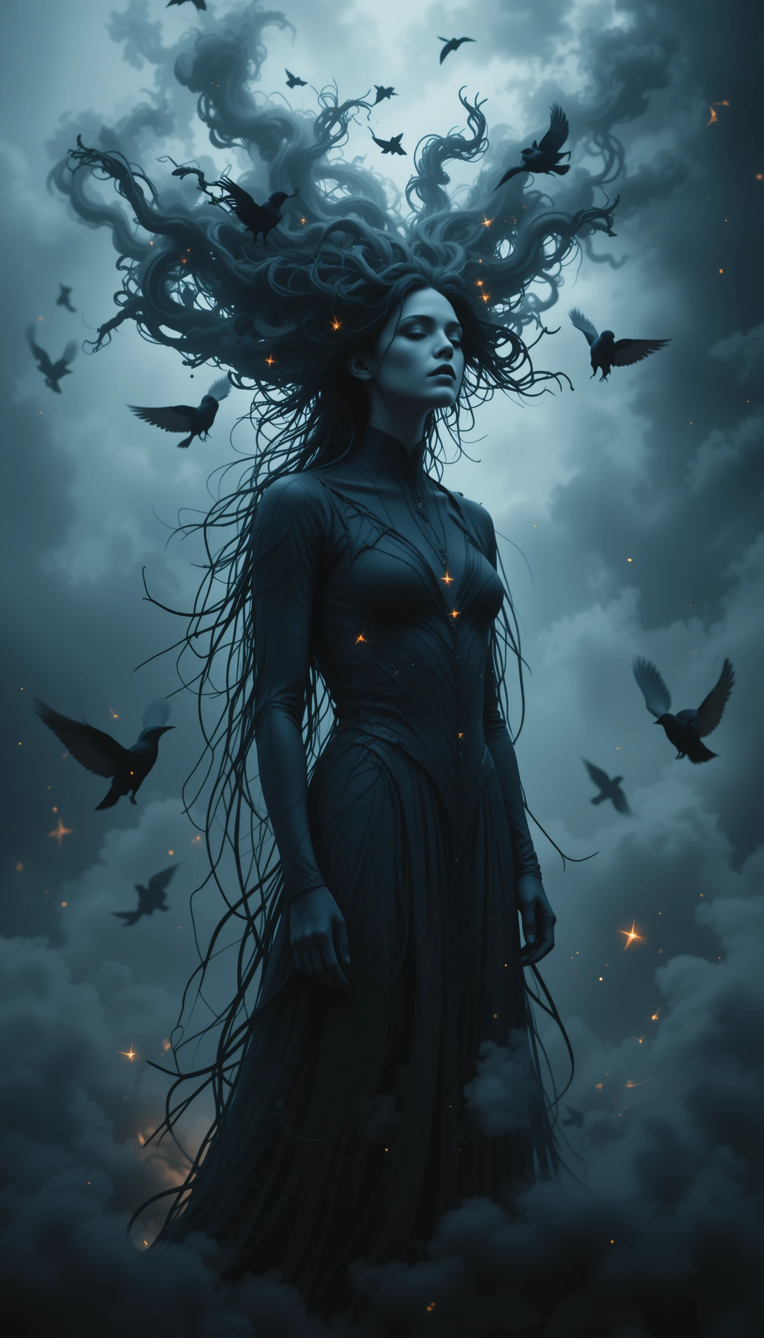 Androgyne Figur mit Sturmwolken-Kopf in Dark Fantasy