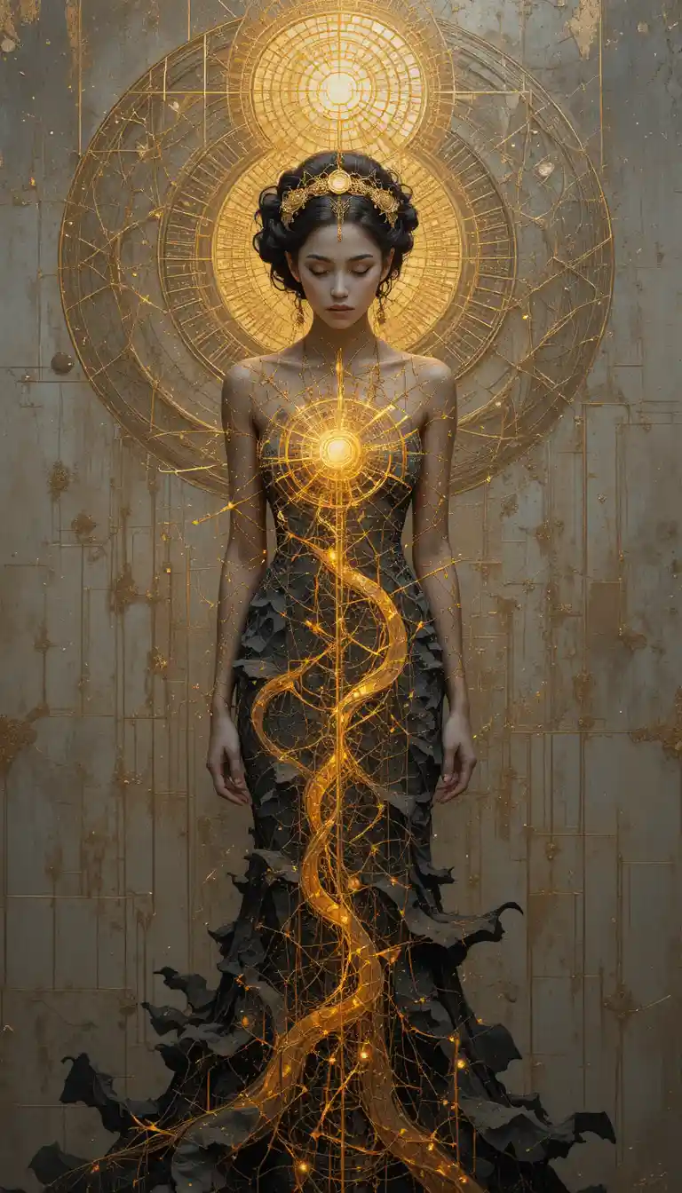 Fractal patterned woman glowing with golden light