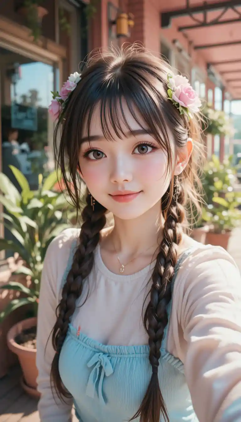 Garota de anime tirando selfie em frente a um café aconchegante