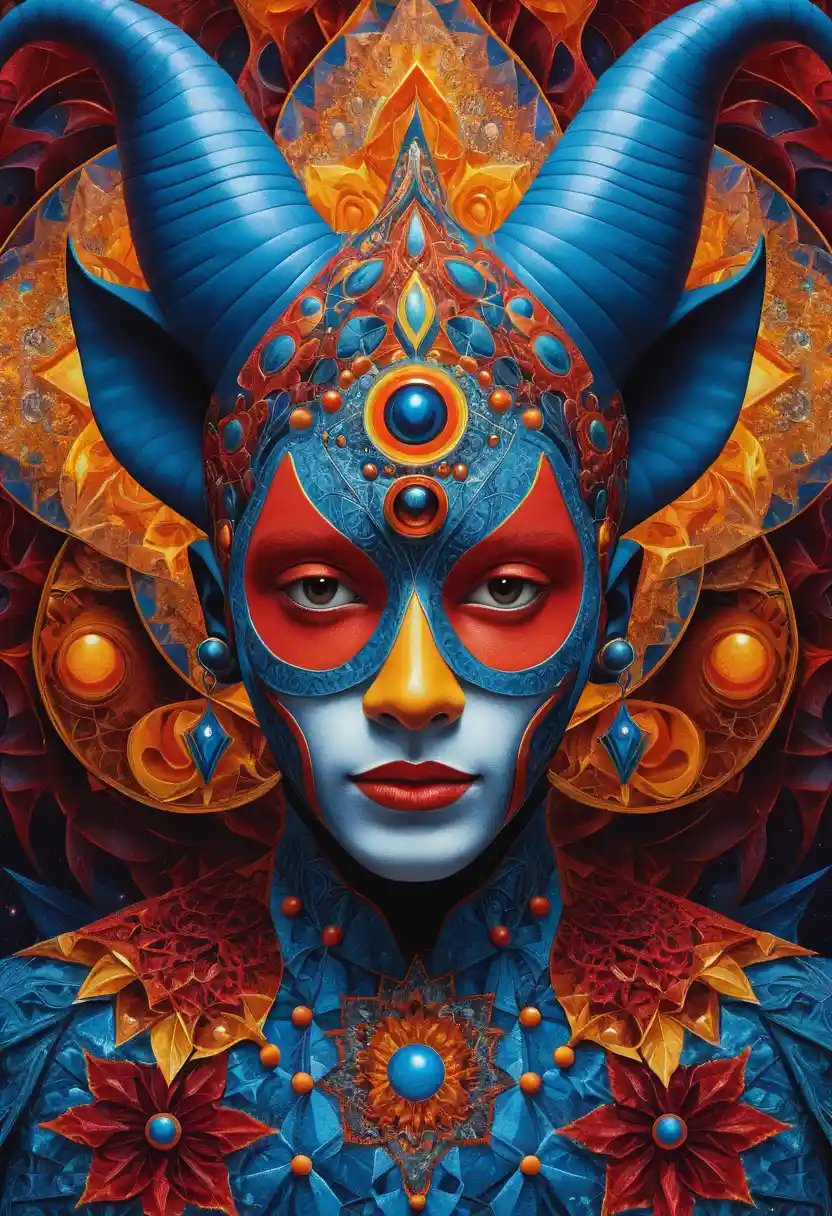 Surreal Cosmic Jester Portrait With Fractal Mask