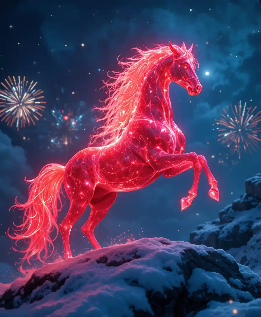 Mystical red spirit horse glowing in a winter night sky