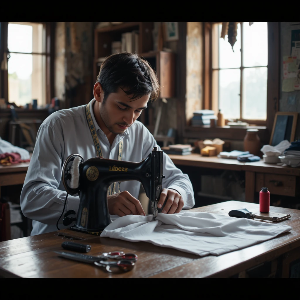 Tailor Sewing A Shirt In A Small Traditional Workshop