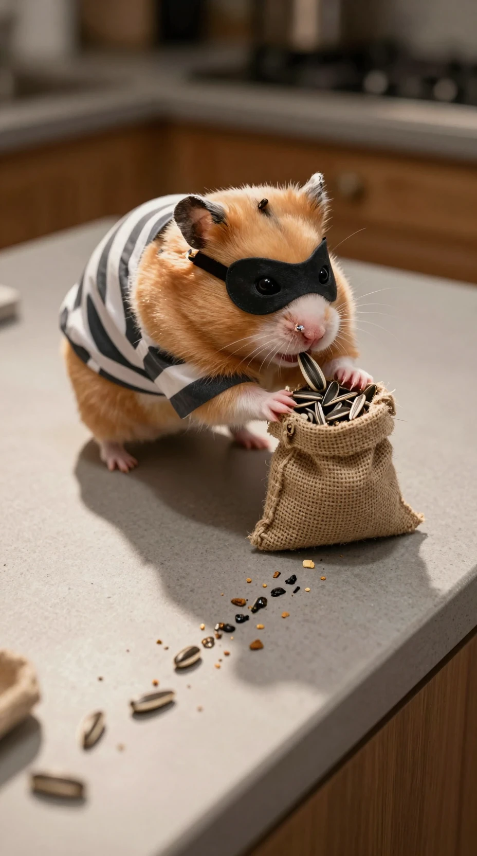 Criceto ladro con maschera che si intrufola sul piano della cucina