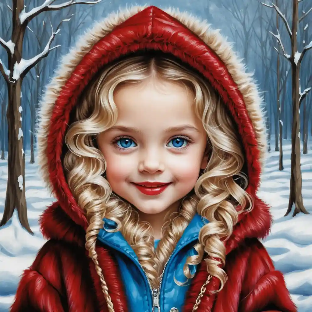 Smiling winter girl with puppy in red fur hood