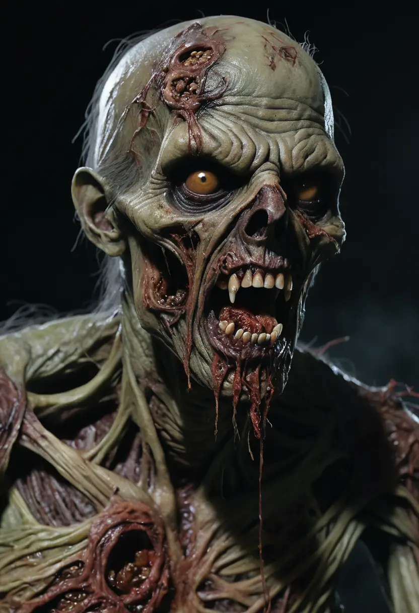 Grotesque hyper realistic zombie with rotting flesh falling away