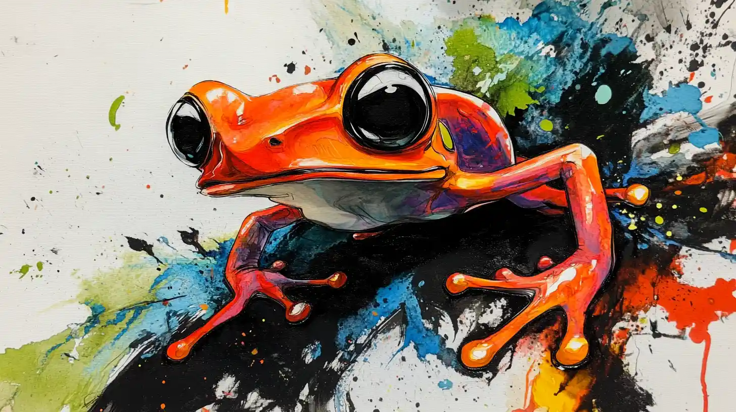 Colorful dart frog in dramatic abstract ink composition