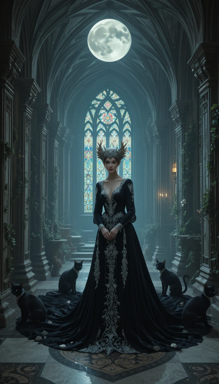 Ethereal queen in moonlit gothic art nouveau castle hall