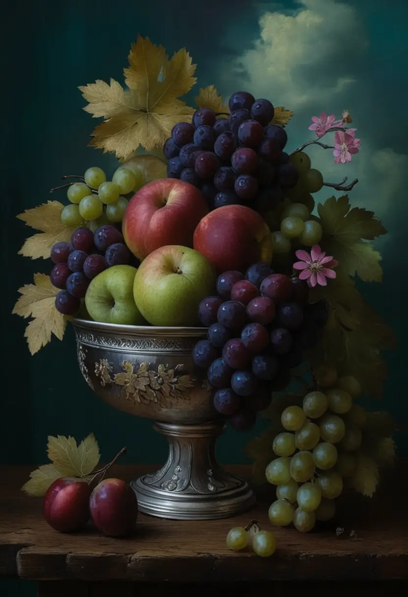 Klassisches Stillleben mit Obst in einer Silberschale