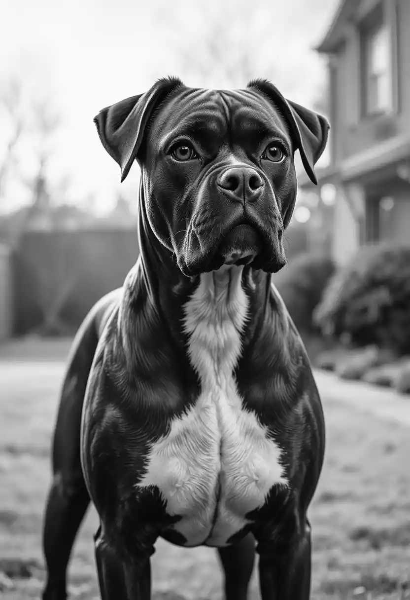 Graphite drawing of a proud boxer dog in morning light