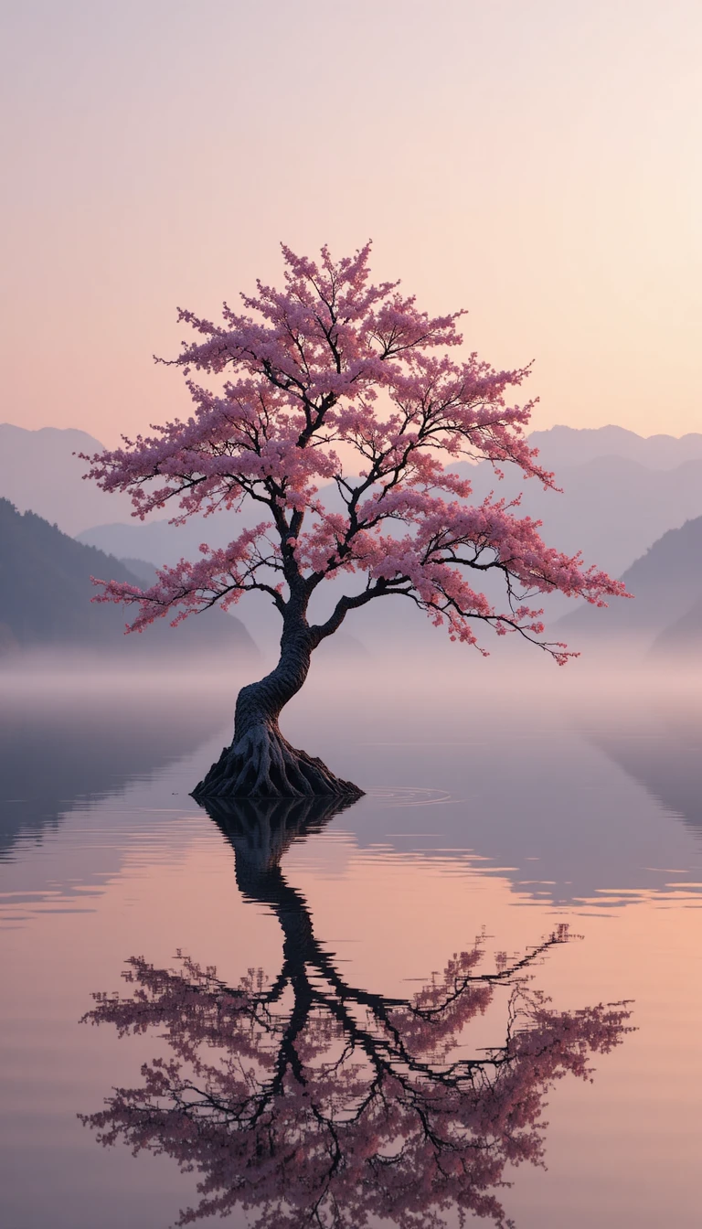 Cerezo solitario junto a un lago tranquilo y reflejado al amanecer