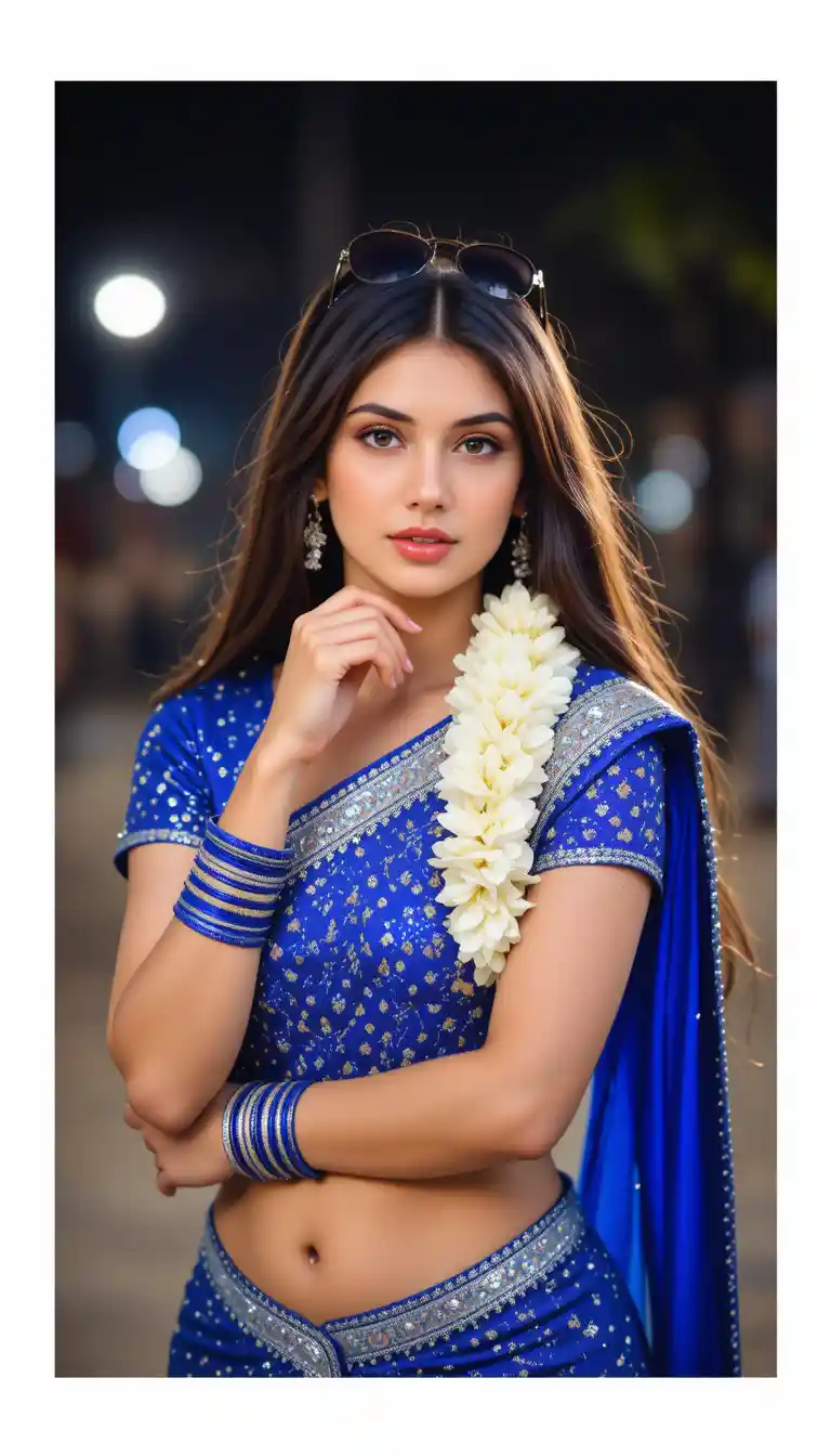Young woman in blue saree posing at night outdoors