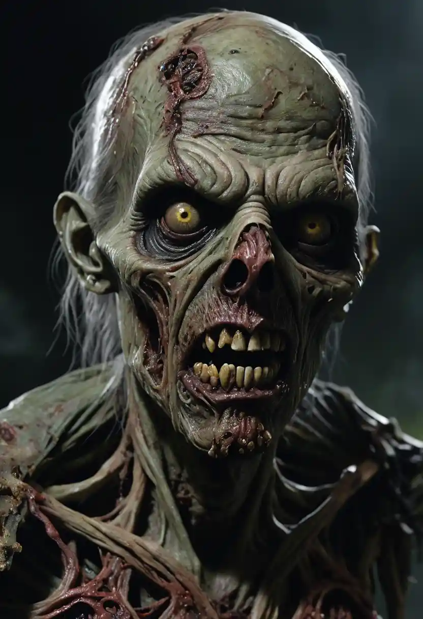 Grotesque decaying zombie in hyper realistic horror style