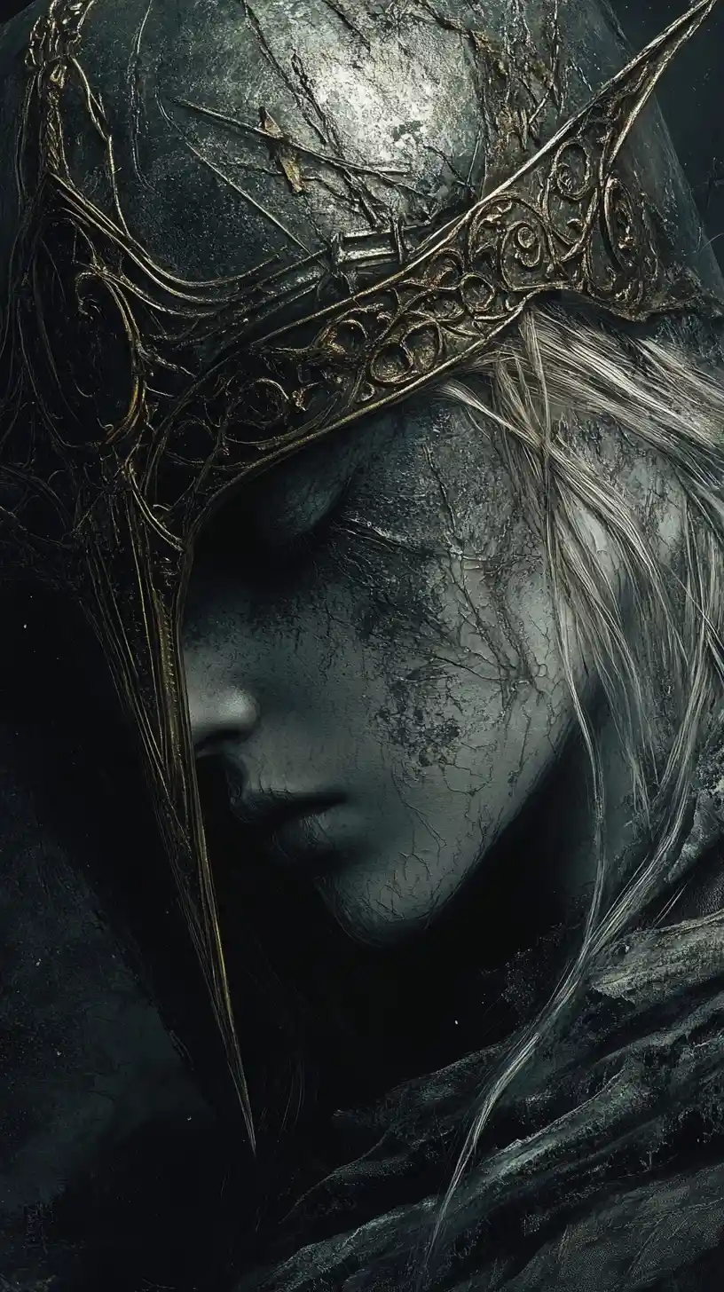 Wounded fantasy queen lying on a dark stone floor