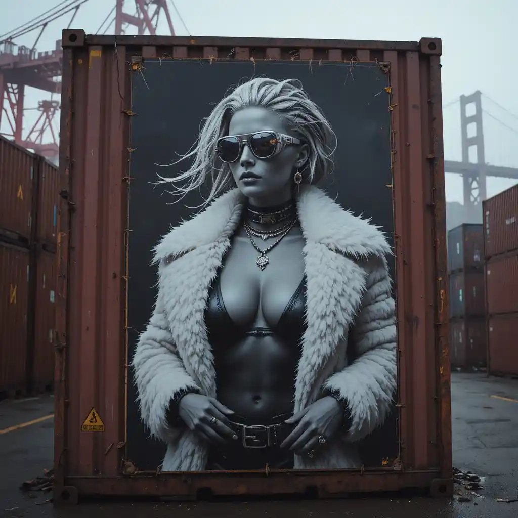 Cyberpunk fashion woman on rusted port container