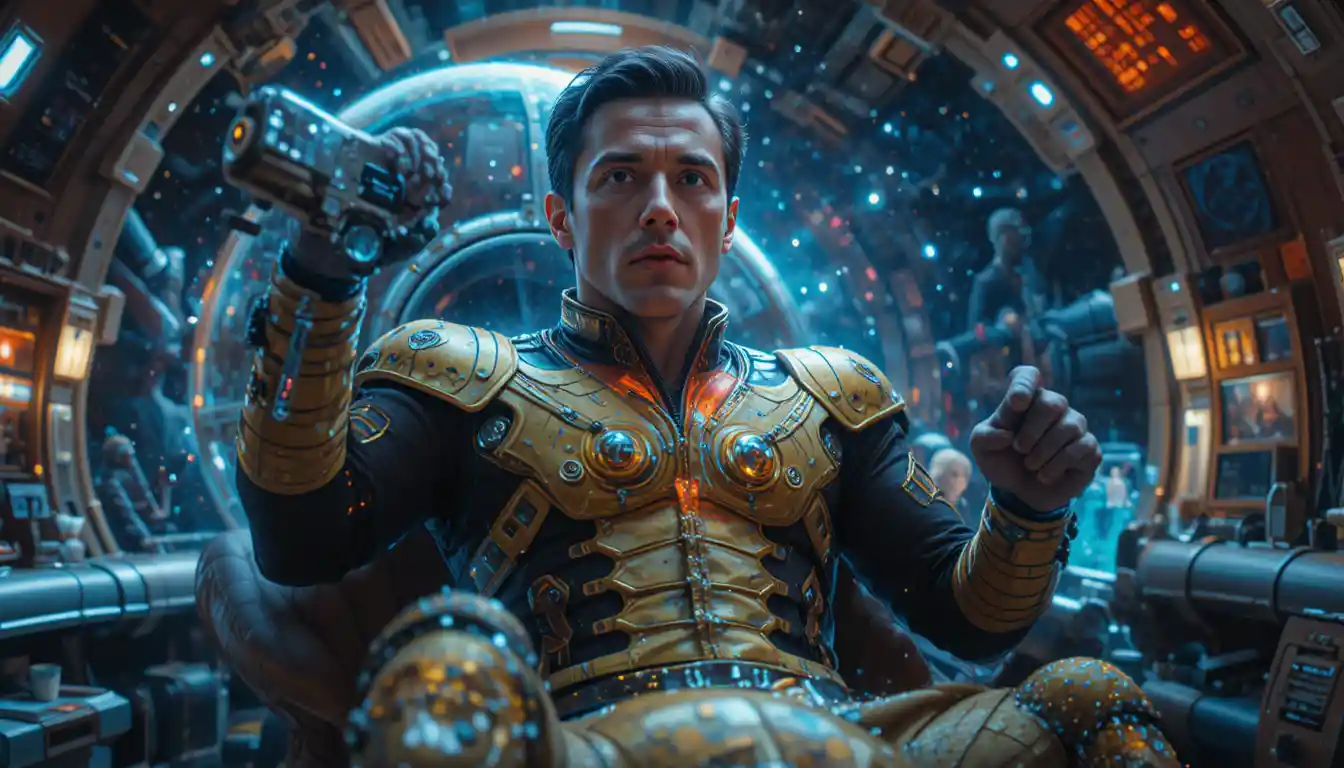 Futuristic man awakening memories in a sci fi dream chamber
