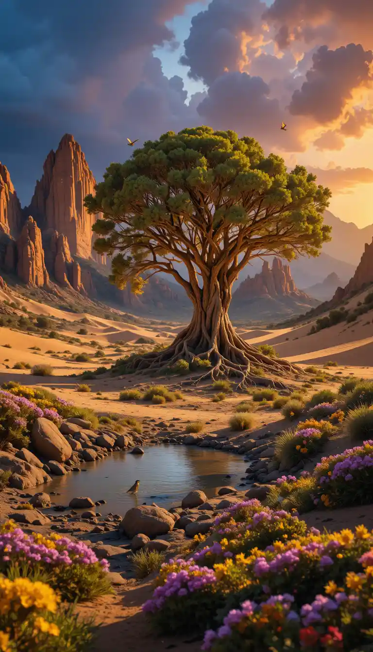Golden desert cliffs with ancient tree and desert spring
