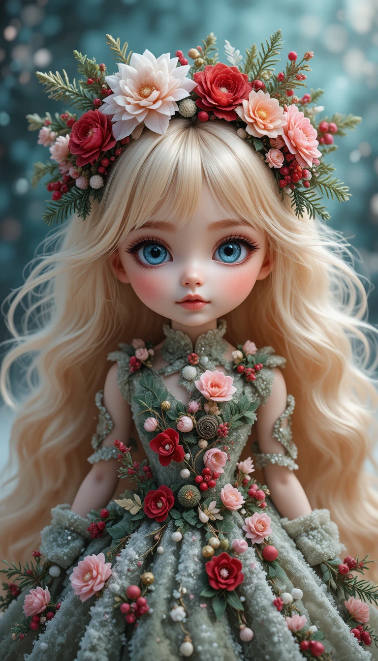 Christmas doll in frosted green floral holiday dress