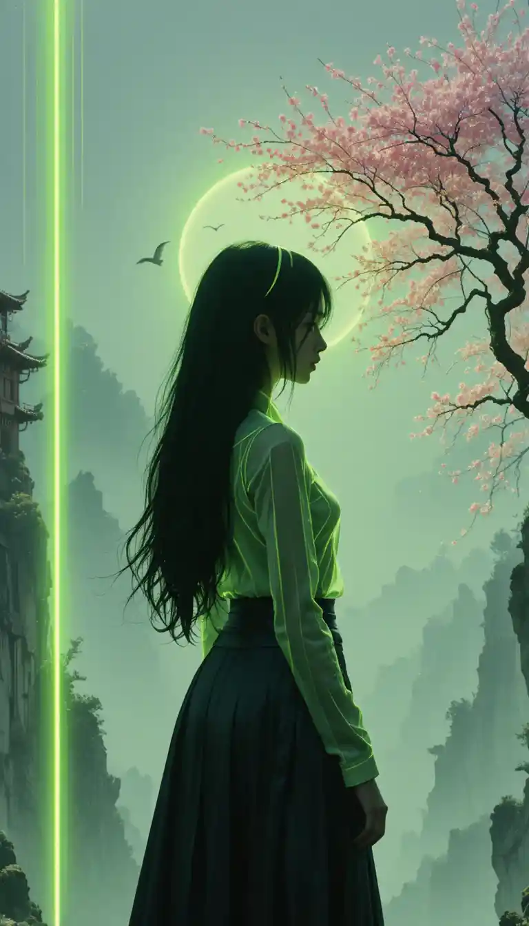 Silhouette minimalista al neon di una donna vicino a scogliere rocciose