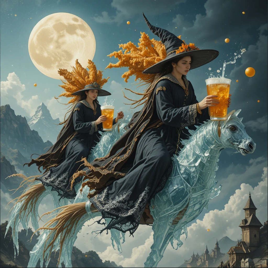Brujas medievales volando por el cielo en escobas mágicas
