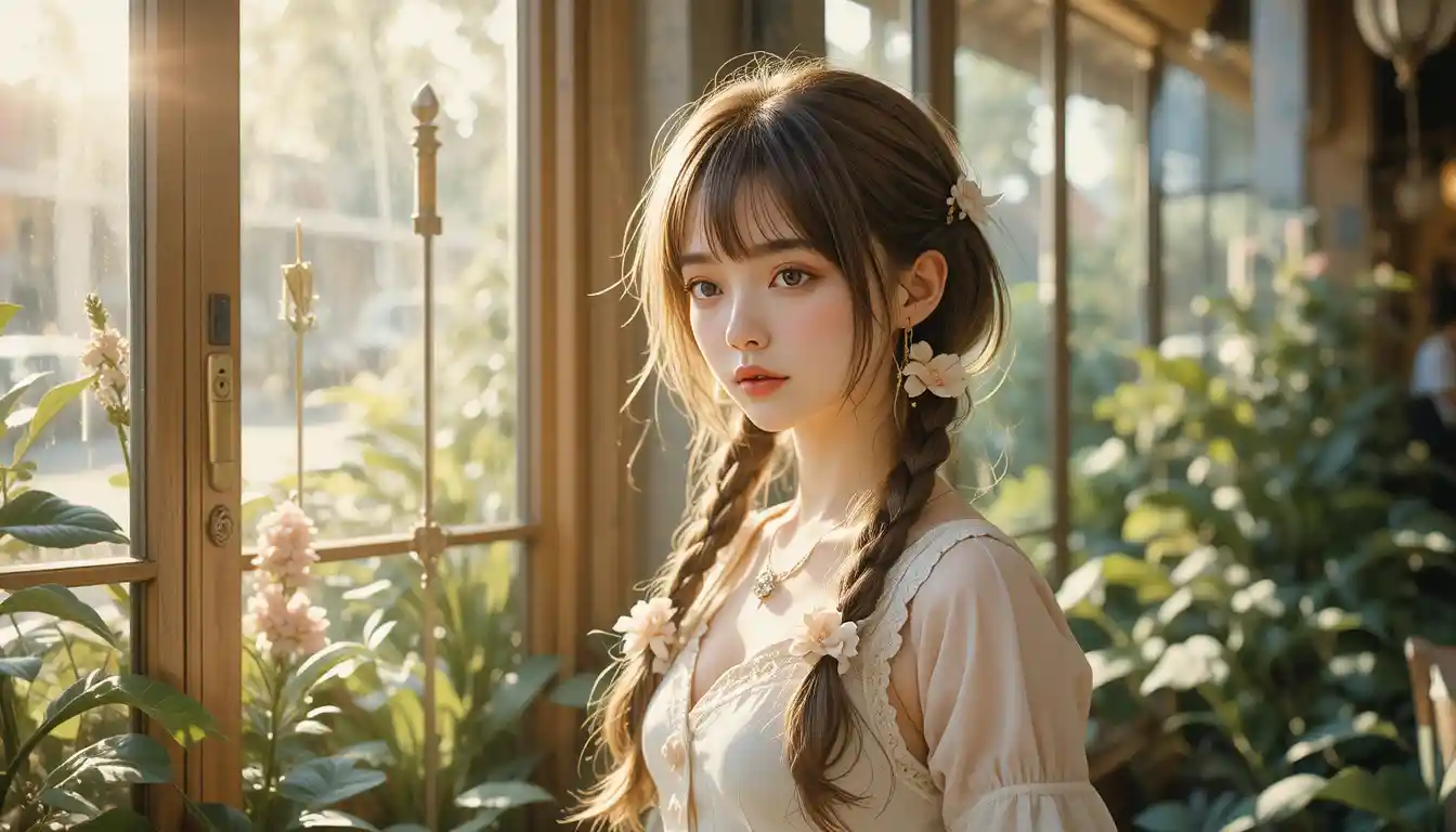 Cute anime girl by a glass cafe door with plants