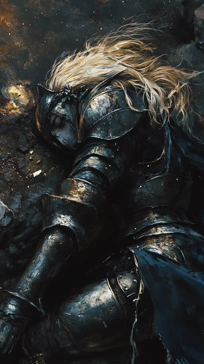 Wounded warrior queen lying on a dark stone floor