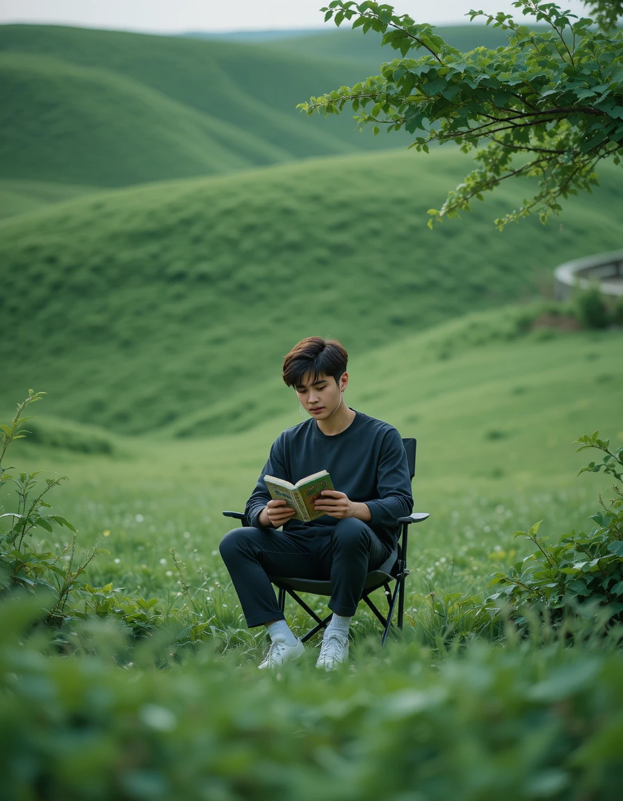 Man reading alone on a chair in a quiet green field