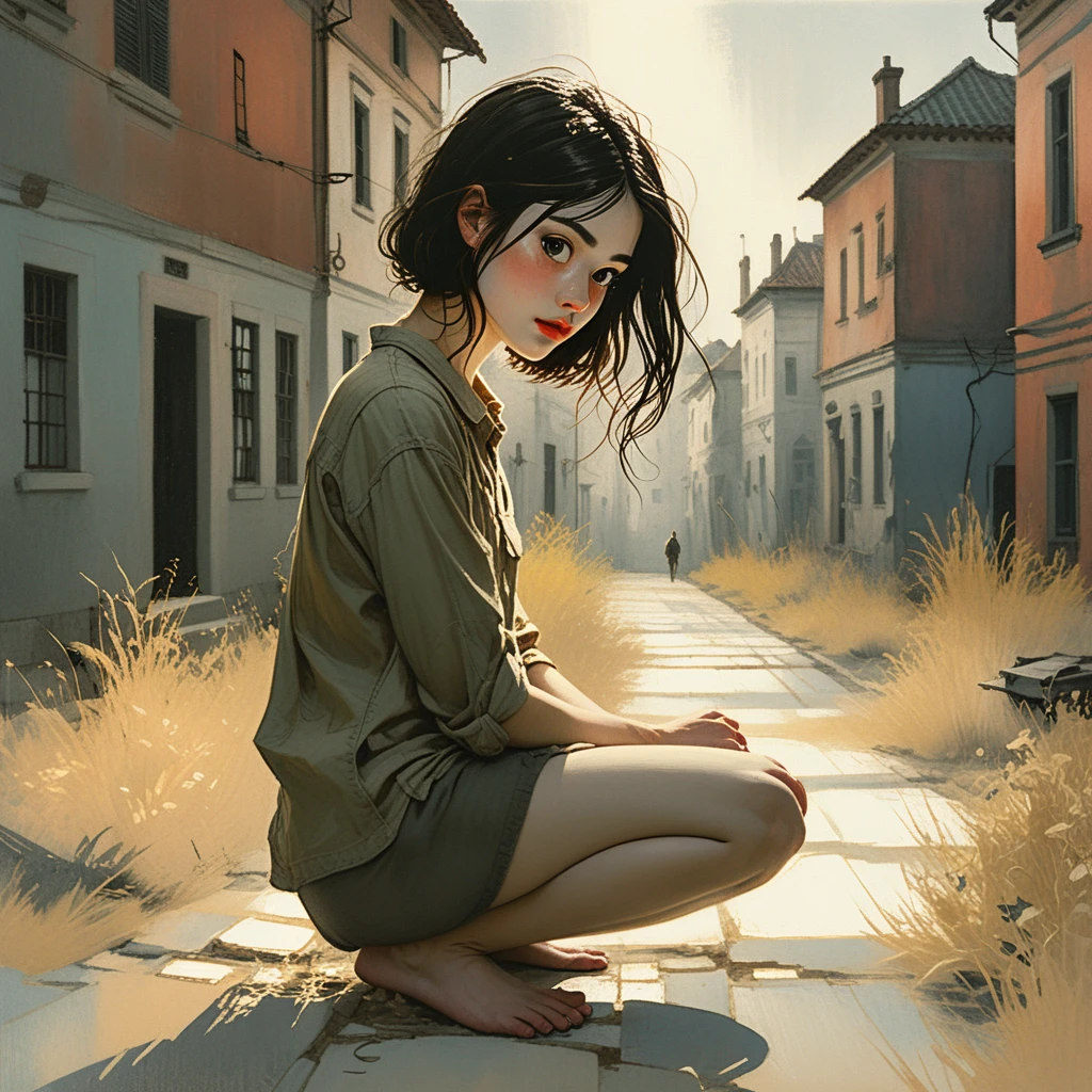 陽光下的年輕女子，置身草地與鄉村建築之間