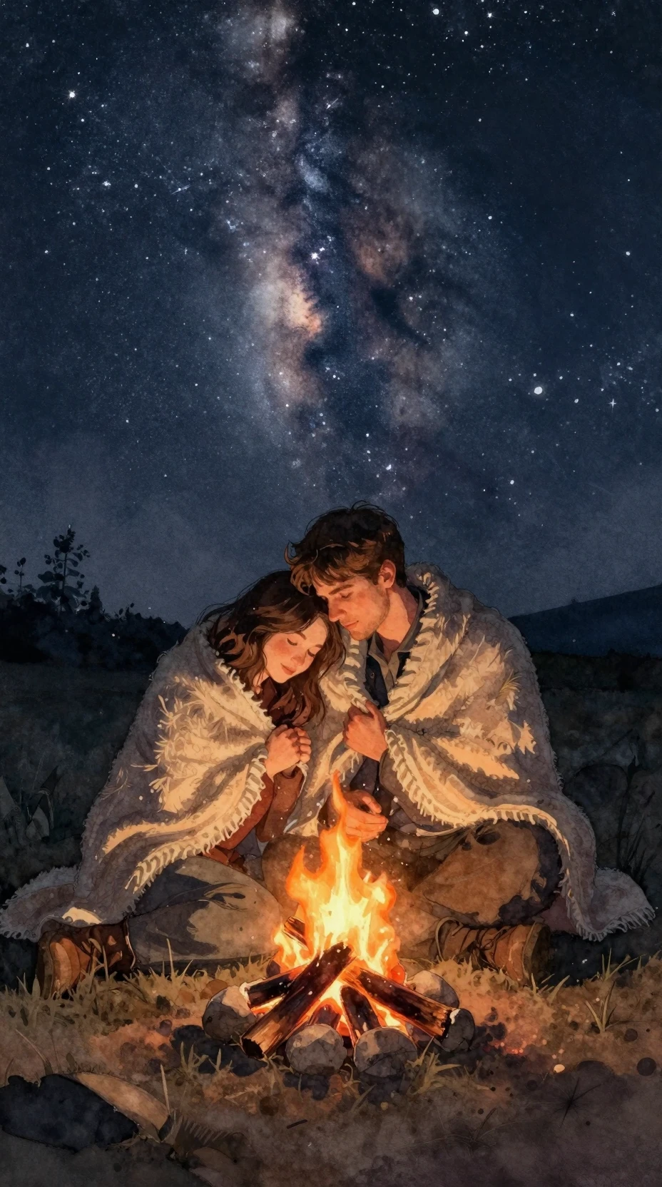 Pareja en acuarela junto a una fogata brillante bajo las estrellas