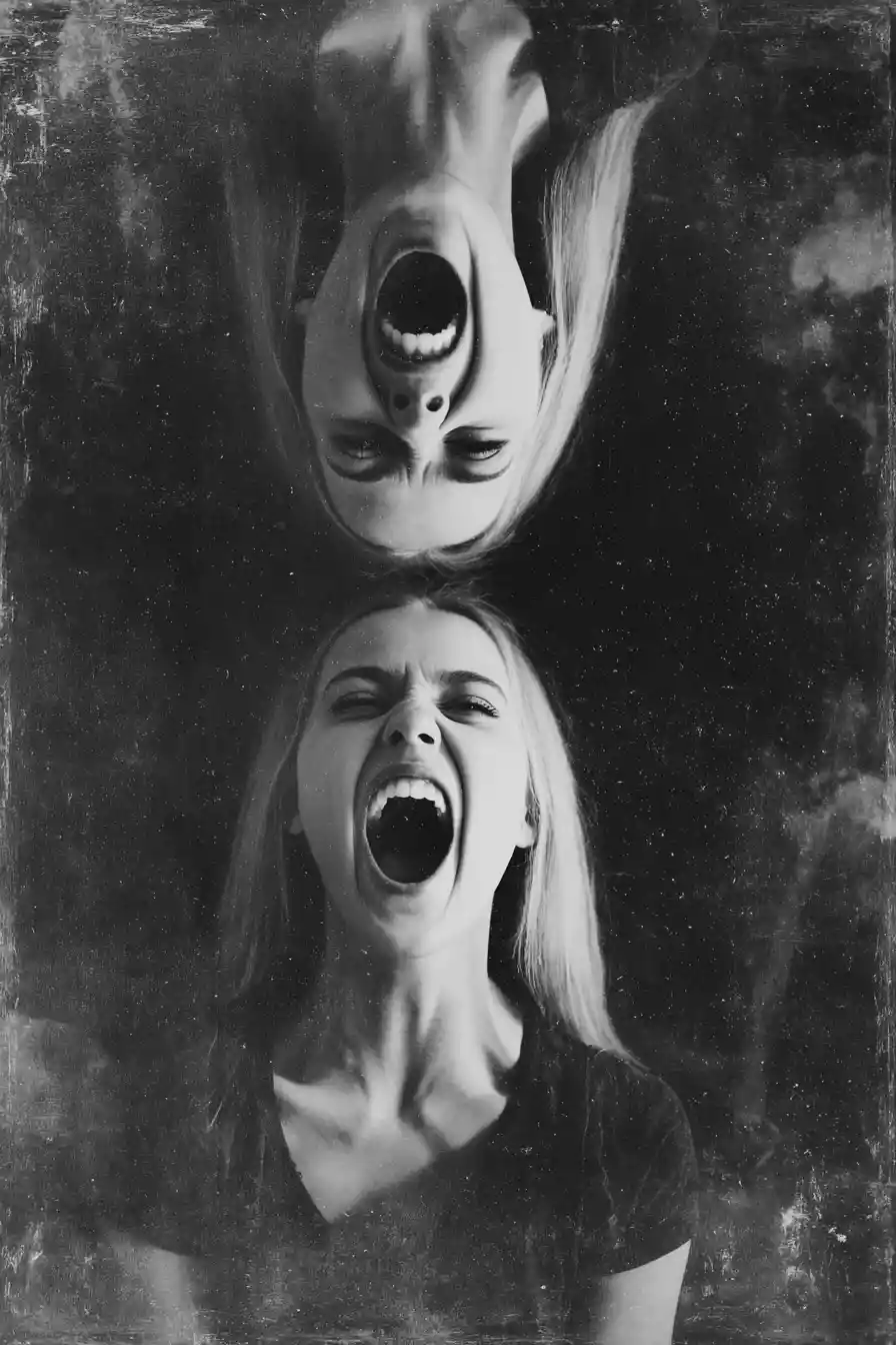 Woman screaming in surreal double exposure portrait