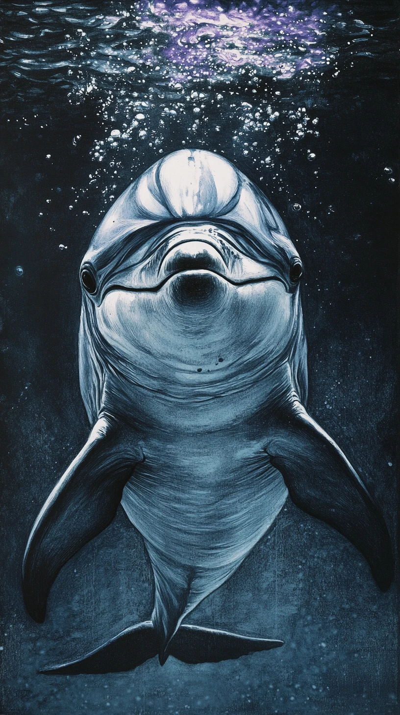 Charcoal dolphin swimming in a surreal glowing ocean scene