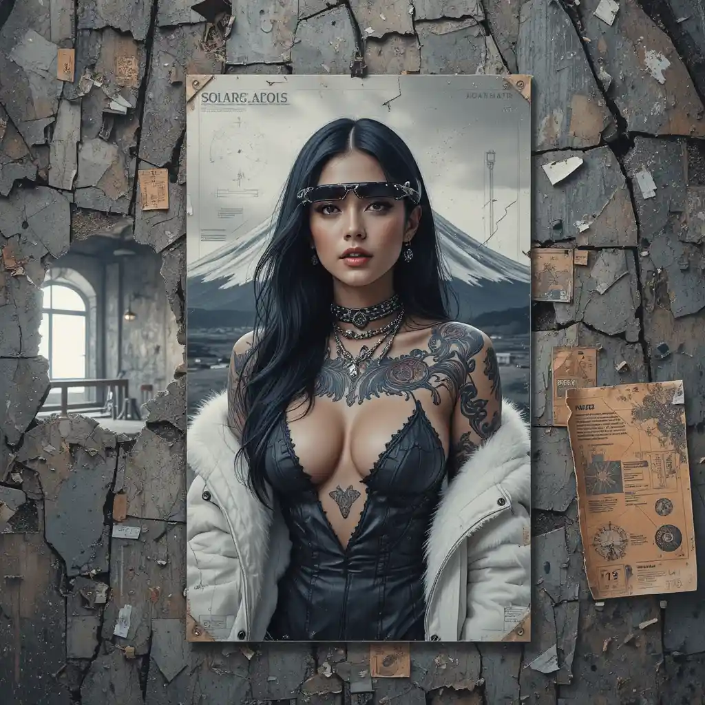 Póster de moda noir en muro de basalto agrietado de un observatorio