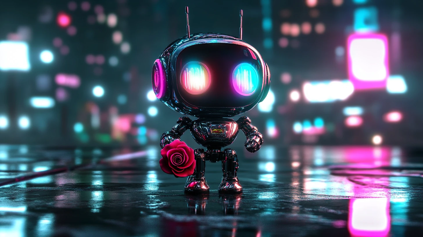 Pequeño robot futurista sosteniendo una sola rosa roja